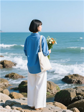 海边礁石蓝色衬衫看海美女背影图片